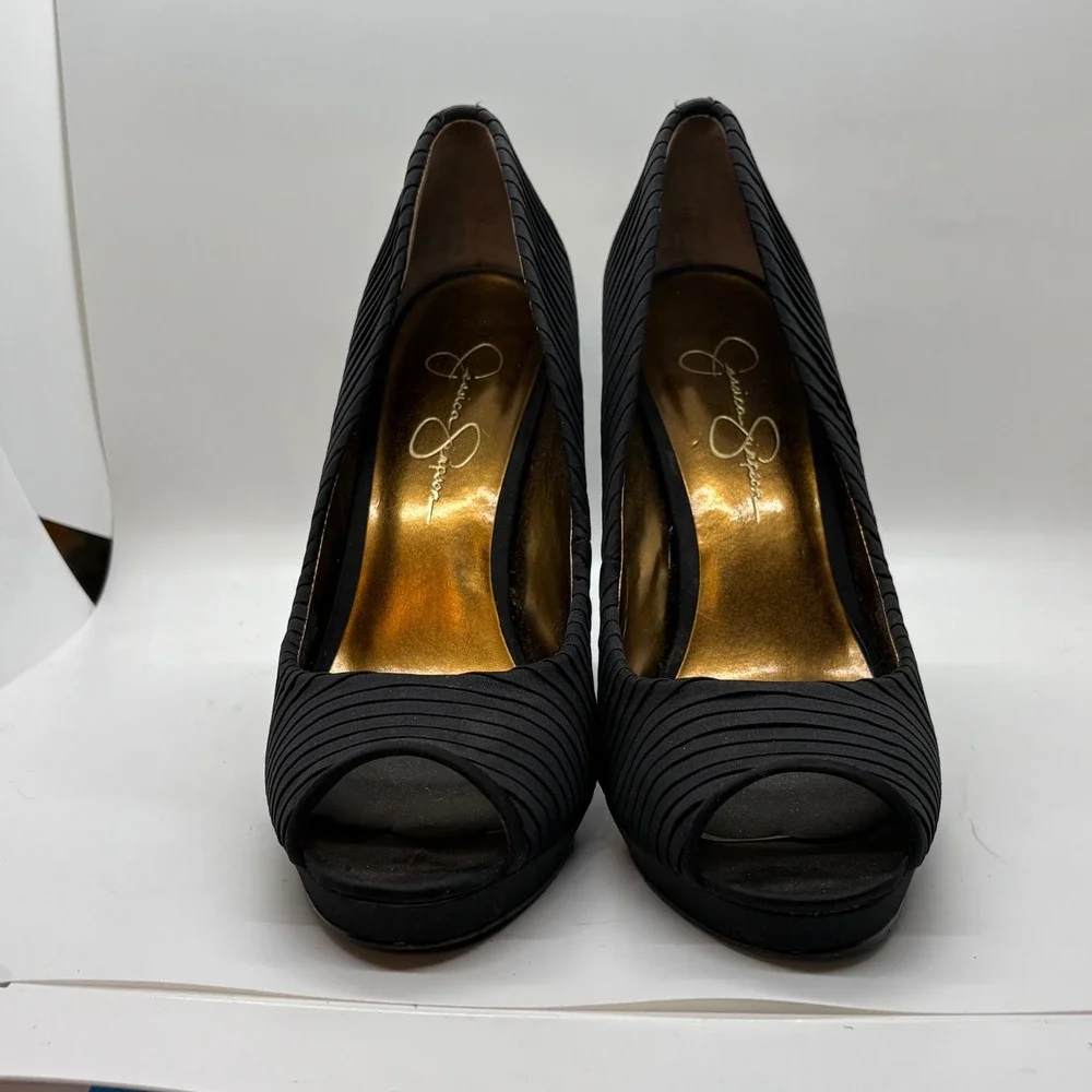 Jessica Simpson Black Pleated Peep Toe Platform Pumps Heels Womens 8.5B 38.5